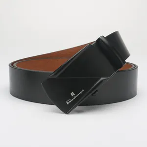 Detail of premium black cowhide leather belt with a matte black automatic metal buckle