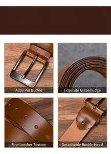 Detailed macro of brown leather belt with gray alloy buckle and oil edge finish