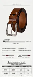 Größentabelle für Vintage-Ledergürtel für Herren mit Taillenmaßen und Riemenlängenangaben