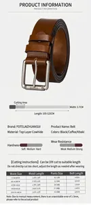 Size chart for genuine leather belts showing waist lengths from 77 to 104 cm and total belt lengths