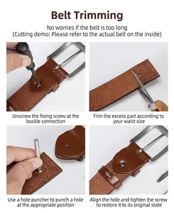 Guide showing steps to trim and adjust the length of the men's brown leather belt