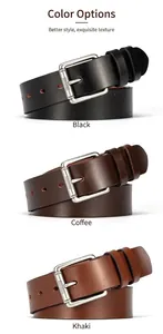 Detail view of men's leather belts in black, coffee, and khaki with silver pin buckles