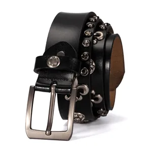 Cintura in Vera Pelle di Vacchetta Punk Rock Con Rivetti in Metallo Fibbia ad Ardiglione in Lega Vintage Gotico Cintura Borchiata per Uomo Donna