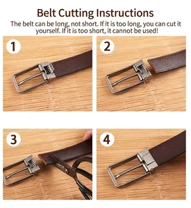 Step-by-step guide showing how to adjust and cut a brown leather belt to fit properly