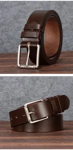 Detail of premium brown leather belt for men featuring a vintage metal pin buckle