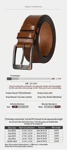 Size chart for vintage top grain leather belt showing lengths from 105cm to 125cm