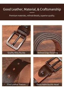 Detail view of brown leather belt with alloy pin buckle and textured finish for men