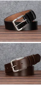 Detailed comparison of black and dark brown cowhide leather belts with vintage alloy buckles