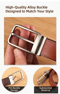 Macro shot of men's leather belt showing vintage stitching and brushed alloy pin buckle