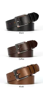 Vintage men's leather belts with antique metal buckles in black, coffee, and khaki colors