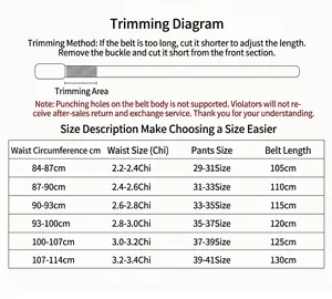 Size guide for men's leather belt showing waist measurements and belt lengths up to 130cm