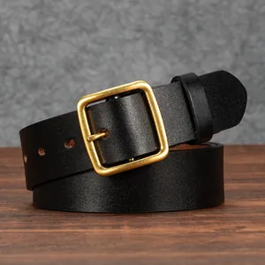 Vintage black genuine leather belt for men with a brushed gold square pin buckle