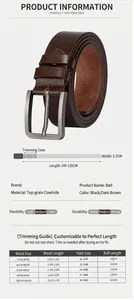 Size guide for men's leather belt showing length comparison and DIY trimming steps