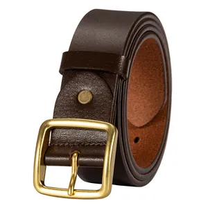 Vintage dark brown cowhide leather belt for men with a matte brass pin buckle