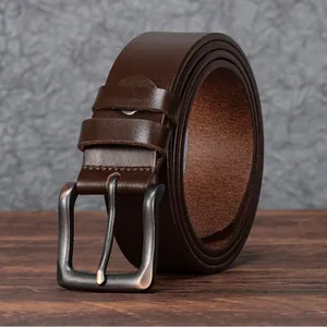 Ceinture classique en cuir véritable marron foncé avec boucle ardillon rétro pour homme