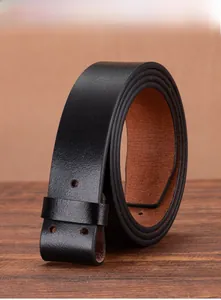 Detail view of premium black leather belt strap with smooth edges and round buckle holes