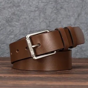 Men's vintage dark brown top grain leather belt with silver pin buckle and textured finish