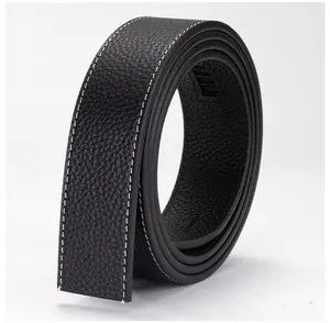 Detail of black lychee leather belt strap with contrast white stitching without buckle
