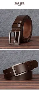 Detail of dark brown leather belt featuring brushed metal buckle and natural grain texture