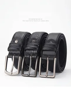 Three men's black leather belts with classic pin buckles and diverse textures