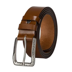 Men's retro dark brown leather belt with distressed hammered silver buckle