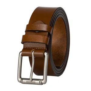 Classic dark brown genuine leather belt for men with vintage brushed silver metal buckle