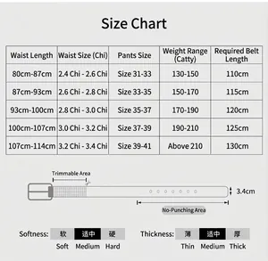 Size chart for men's leather belt showing waist measurements and corresponding belt lengths
