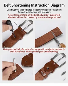 Detail guide showing steps for adjusting the length of brown leather men's belt
