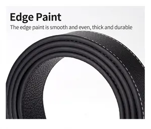 Detail of premium black leather belt showing white contrast stitching and smooth edge oil finish