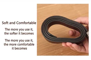 Detail showing high flexibility of the dark brown genuine leather belt with soft texture