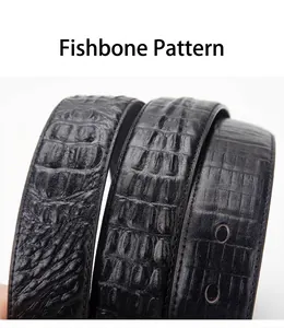 Detailed macro view of black leather belt featuring embossed fishbone pattern and stitching