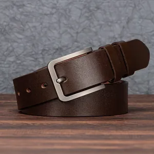 Men's premium dark brown genuine leather belt with matte grey alloy pin buckle for business