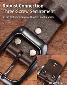 Detailed close-up of dark brown leather belt with secure triple-screw fastening