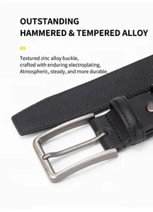 Detail of premium black leather belt for men featuring refined lychee pattern texture