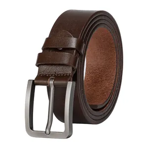 Classic dark brown leather belt for men featuring a brushed silver pin buckle finish
