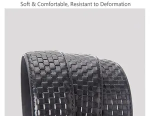 Close-up of black men's leather belt featuring embossed grid texture and fine stitching