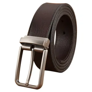 Classic men's 3.3cm dark brown genuine leather belt with matte silver buckle and stitching