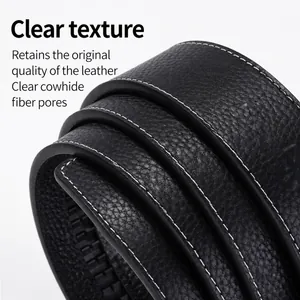 Classic black leather belt for men with white contrast stitching and auto-buckle tracks