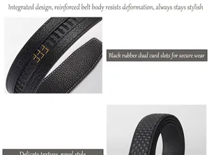 Detail of leather belt featuring lychee texture and dual rubber tracks for automatic buckle