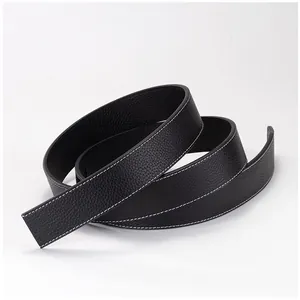Men's black cowhide leather belt strap with white contrast stitching and pebble grain texture