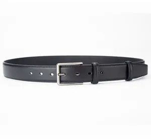 Detail of black leather business belt with matte silver buckle and fine stitching