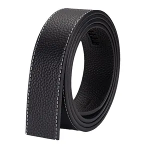 Men's black cowhide leather belt strap with white contrast stitching and litchi texture