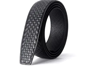 Close-up of black checkerboard textured leather belt strap with refined business style