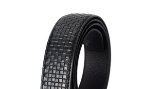 Detail view of premium black leather belt with woven check pattern and pebble grain texture