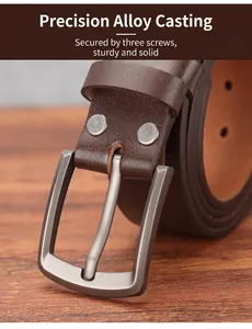Detail of premium alloy buckle and thick brown leather belt with screw fastener