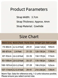 Size chart for men leather belt showing 3.7cm width and lengths from 105cm to 130cm