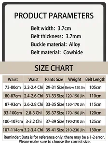 Size chart for men's vintage leather belt with specifications and length guide