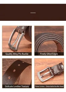 Detail of vintage men's brown leather belt with alloy buckle and screw assembly