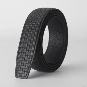 Men Genuine Cowhide Leather Belt Strap Without Buckle Checkerboard Embossed Automatic Slide Business Casual Waistband