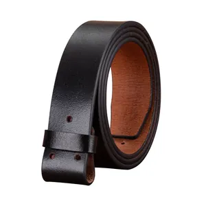3.5cm vintage black leather belt strap for men featuring brown suede lining and pre-drilled holes
